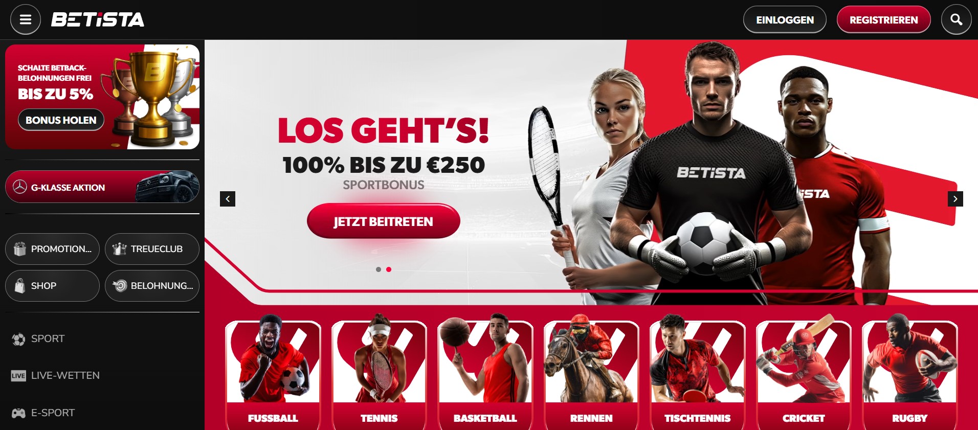 Startseite des Online-Wettanbieters Betista mit Sportbonus-Banner „Los geht’s! 100% bis zu €250“. Abgebildet sind Tennis-Spielerin, Torwart mit Fußball und weiterer Athlet; Navigation mit Einloggen, Registrieren, Live-Wetten und Sportarten Fußball, Tennis, Basketball, Rennen.