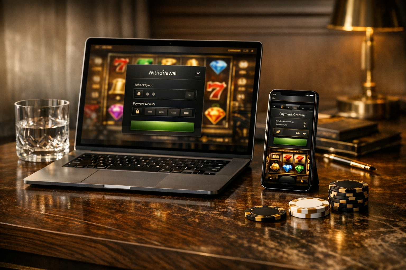 Eleganter Schreibtisch mit Laptop und Smartphone, die eine Auszahlungsoberfläche eines Casino ohne OASIS zeigen. Neben Kristallglas und Pokerchips entsteht ein luxuriöses Ambiente mit goldenen Akzenten und edler Beleuchtung.